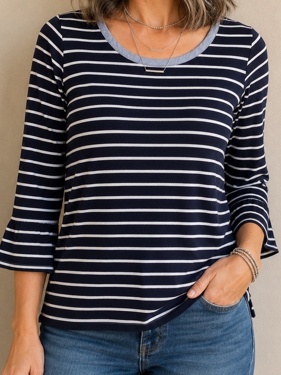 Nautica Tops - Nautica Navy and White Striped 3/4 Bell-Sleeve Top